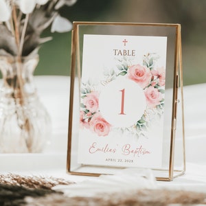 Hot pink flowers christening girl table number template, table numbers with boho watercolor roses, table number for baptism girl decor -C142