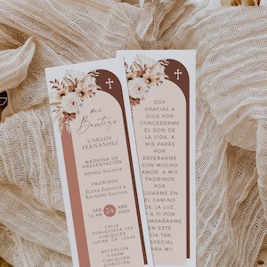 Baptism beige tone neutral prayer card spanish printable, boho floral & pampas grass prayer card, tarjeta de oración bautizo en español - C2