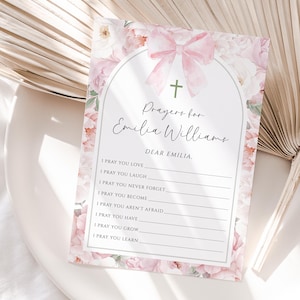Boho baptism 4x6 and 5x7 prayer card template, baptism girl prayer card, girl christening prayer card, pink peonies & bow prayer card -C441g