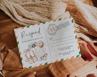 Travel theme rsvp postcard template, camera & backpack bridal shower rsvp card, bridal rsvp insert, boho rsvp card wedding shower -C434