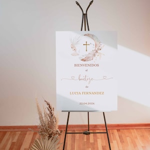 Minimalist neutral boho template welcome sign first communion spanish, hierba pampas & cruz dorada letrero  bienvenida bautizo español -C21