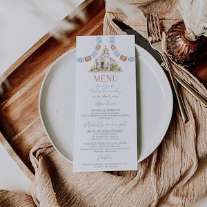 Blue beige mexican theme boho baptism party menu spanish printable, christening boy menu card, menú  celebración de bautizo español - C464b