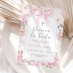 May include: A white card with pink floral border and a cross. The text reads "Reserva la Fecha" for the baptism of Lucia Fernandez on April 24th, 202X at 10:00 PM.  Invitation and details to follow.