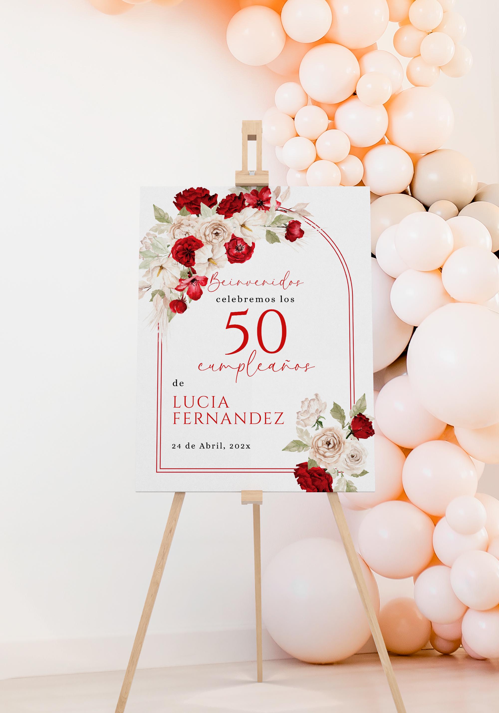 Adult 50th Birthday Welcome Sign Spanish Printable, Ruby White