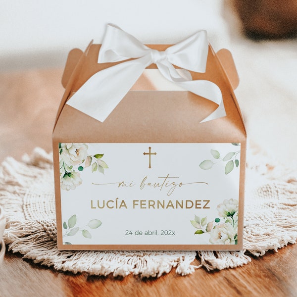 Editable gable box labels neutral template, girl green first communion party favor box labels in spanish, de bautizo gracias box - C012