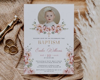 Christening Girl Party Invitation Card with Photo Baby Printable: Modern Blush Pink Flowers Eucalyptus - C178