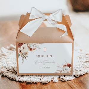 Boho terracotta floral gender neutral baptism gable box label spanish printable, etiqueta caja de regalo de bautismo niño niña español - C29