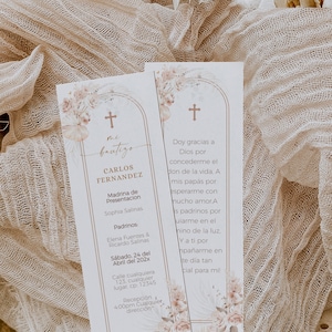 Baptism prayer card con un beige floral arco spanish editable, bautizo tarjeta de oración en español, gender neutral boho prayer card - C020