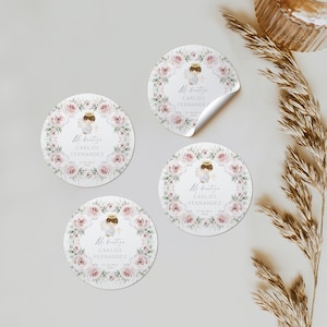 Christening boy gift stickers with little angel spanish printable, round floral boho baptism stickers, pegatina bautizo niño en español-C155