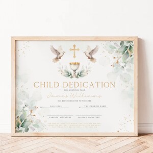 Green gold Child Dedication certificate template, church certificate with pigeons, neutrals greenery baptism certificate, baptism gift -C311