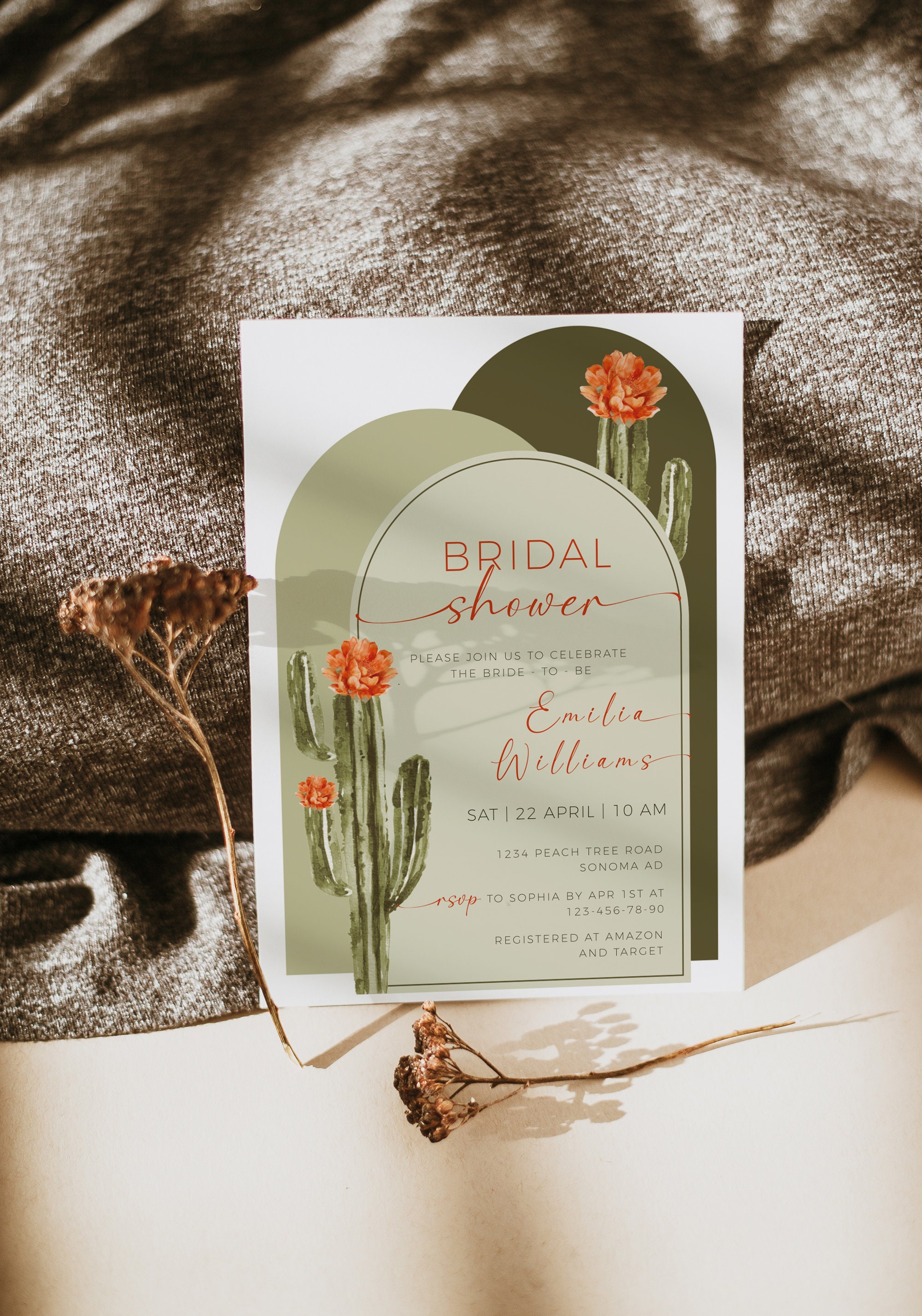 Editable boho cactus bridal shower invitation, succulent bridal shower invite, mexican decor, fiesta desert bridal shower invitation - С137