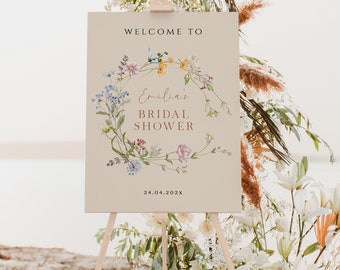 Boho beige tone bridal shower welcome sign, watercolor colorful wildflower wedding shower sign, summer bridal welcome poster template - C296