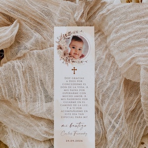 Bohemian beige flowers bookmark card with photo baby in spanish template, floral marcapáginas bautizo niño o niña con foto en español - C25