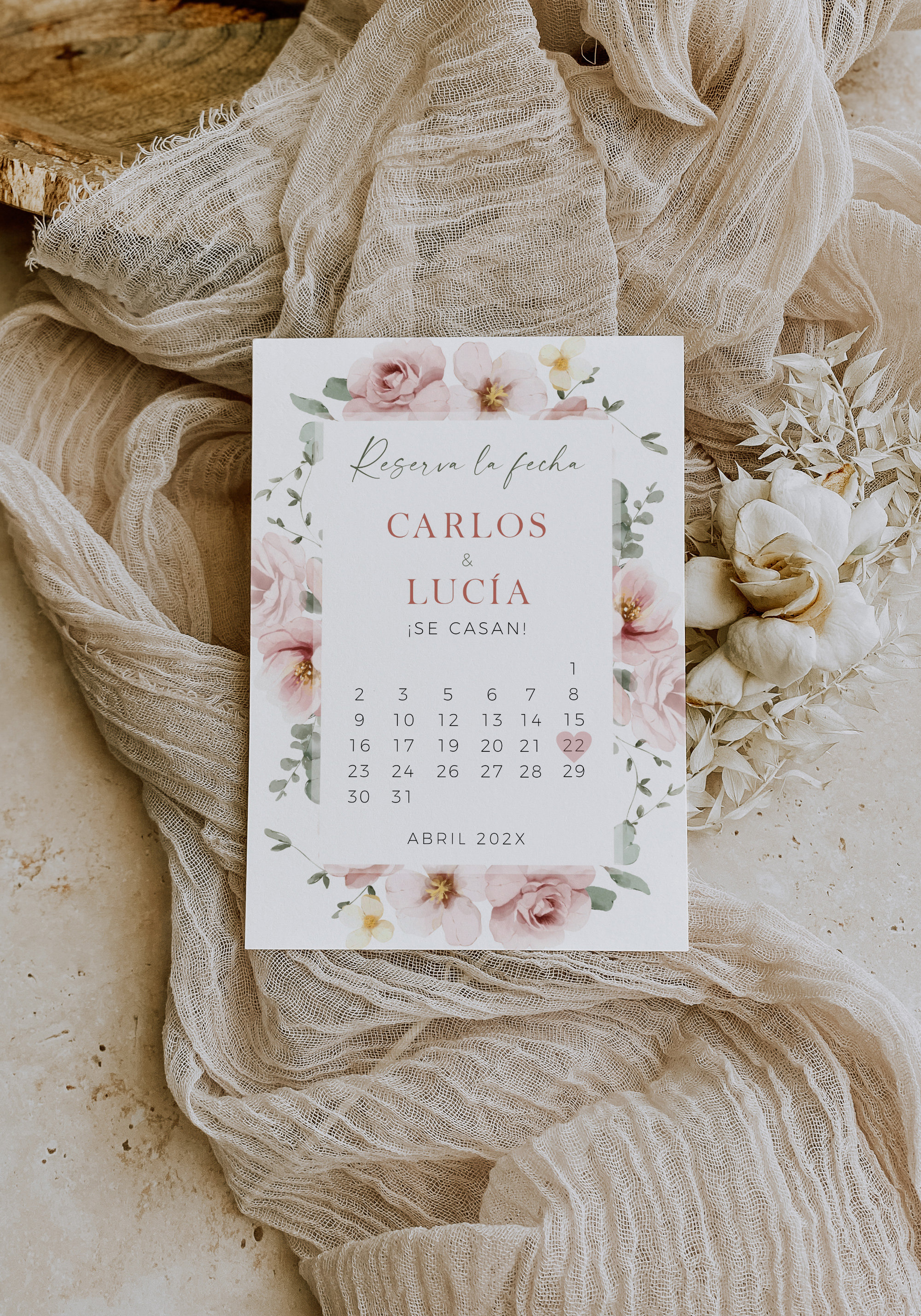 Save the date wedding calendar template, pink flowers save the date wedding, calendario reserva la fecha para nuestra boda en español - C181