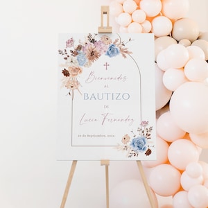 Boho arch colorful flowers baptism boy/girl welcome sign in spanish printable, floral cartel bienvenida bautizo niño o niña en español - C27