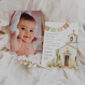 Invitación editable de bautizo y primer añito en español para niñas niños, mexican cactus, church, flowers in spanish baptism invite - C341