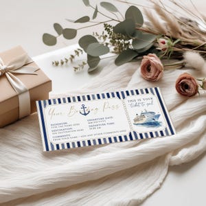 Cruise boarding pass template, fake on cruise ship ticket, surprise trip weekend gift voucher, birthday party getaway cruise gift ticket