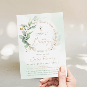 Editable invitación de bautizo de nuestro hijo en español, christening invite in spanish, green and gold bautizo invitation spanish - C009