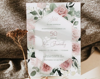 May include: A floral-themed invitation card with a pink and green watercolor design. The text reads "Shhh... Es una sorpresa! Acompañanos a celebrar los 50 años de Lucia Fernandez Sabado | 21 de Abril | 10:00AM Calle Cualquiera 123 Cualquier Lugar CP. 12345 RSVP Maria 123 456 78 90"