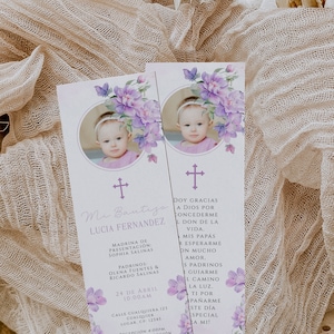 Lavender-purple flowers baptism prayer card spanish template, oraciones florales bautizo niña, tarjeta oraciones con foto en español -C345