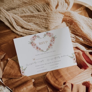 Heart blush pink wildflowers anniversary rsvp card, wedding rsvp card template, rustic style rsvp card, minimalist boho rsvp card - C182