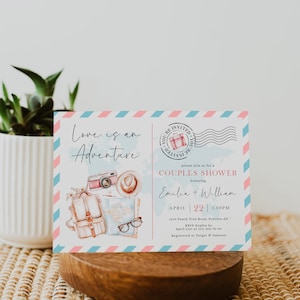 Love is an adventure couples shower invite, travel postcard bridal shower invite printable, backpack world map wedding shower invite -C266