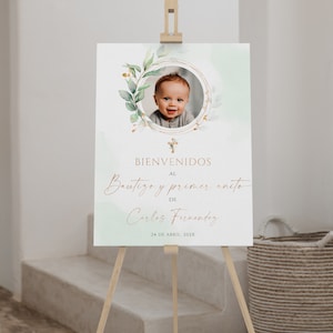 Cartel de bienvenida bautizo y primer añito niño en español editable, baptism and 1st birthday welcome sign with photo in spanish - C009p