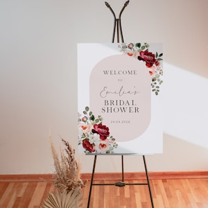 Summer bridal shower welcome sign printable, burgundy pink flowers bridal shower welcome poster, boho wedding shower welcome board - C383