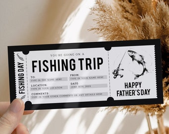 Editable father's day fishing trip ticket, surprise fishing trip voucher, experience day trip voucher, gift for dad, black fishing coupon