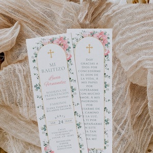 Bohemian green pink floral prayer card baptism for girl in spanish template, tarjeta de oración de bautismo niña con flores en español - C3