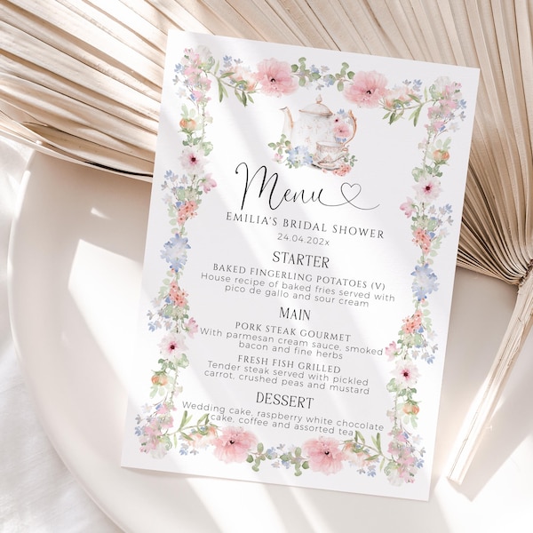 Wildflowers bridal shower rustic menu in 2 sizes for printing, bridal shower tea party menu decor, bridal shower dessert menu cards - C454