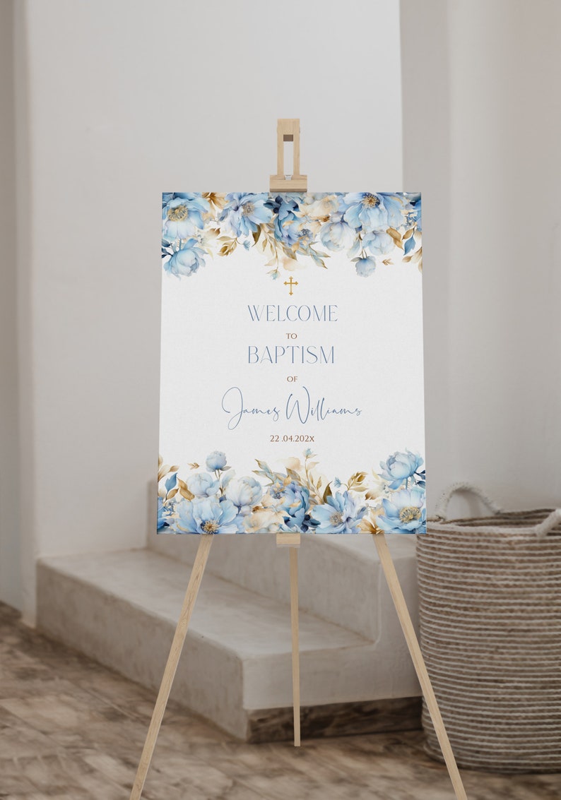 Boho Board, Baptism Sign Boy, Light Blue Watercolor