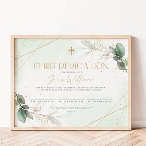Child Dedication Certificate printable, boho green gold leaves church certificate, greenery baptism gift, baptism boy girl certificate -C312