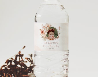 Etiquetas florales botella de agua bautizo niña con foto en español, boho floral water bottle labels baptism girl editable in spanish - C290