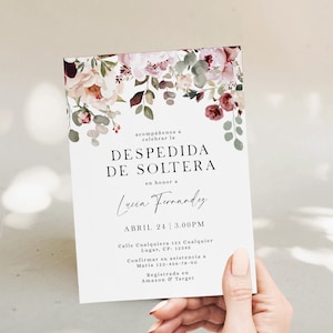 Modern burgundy pink floral bridal shower invitation template in spanish, invitación de Despedida De Soltera con flores en español - C393