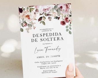 Modern burgundy pink floral bridal shower invitation template in spanish, invitación de Despedida De Soltera con flores en español - C393