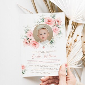 Pink watercolor floral baptism invitation template, invitation card christening with photo girl, boho first holy communion invitation -C142