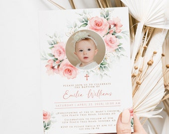 Pink watercolor floral baptism invitation template, invitation card christening with photo girl, boho first holy communion invitation -C142