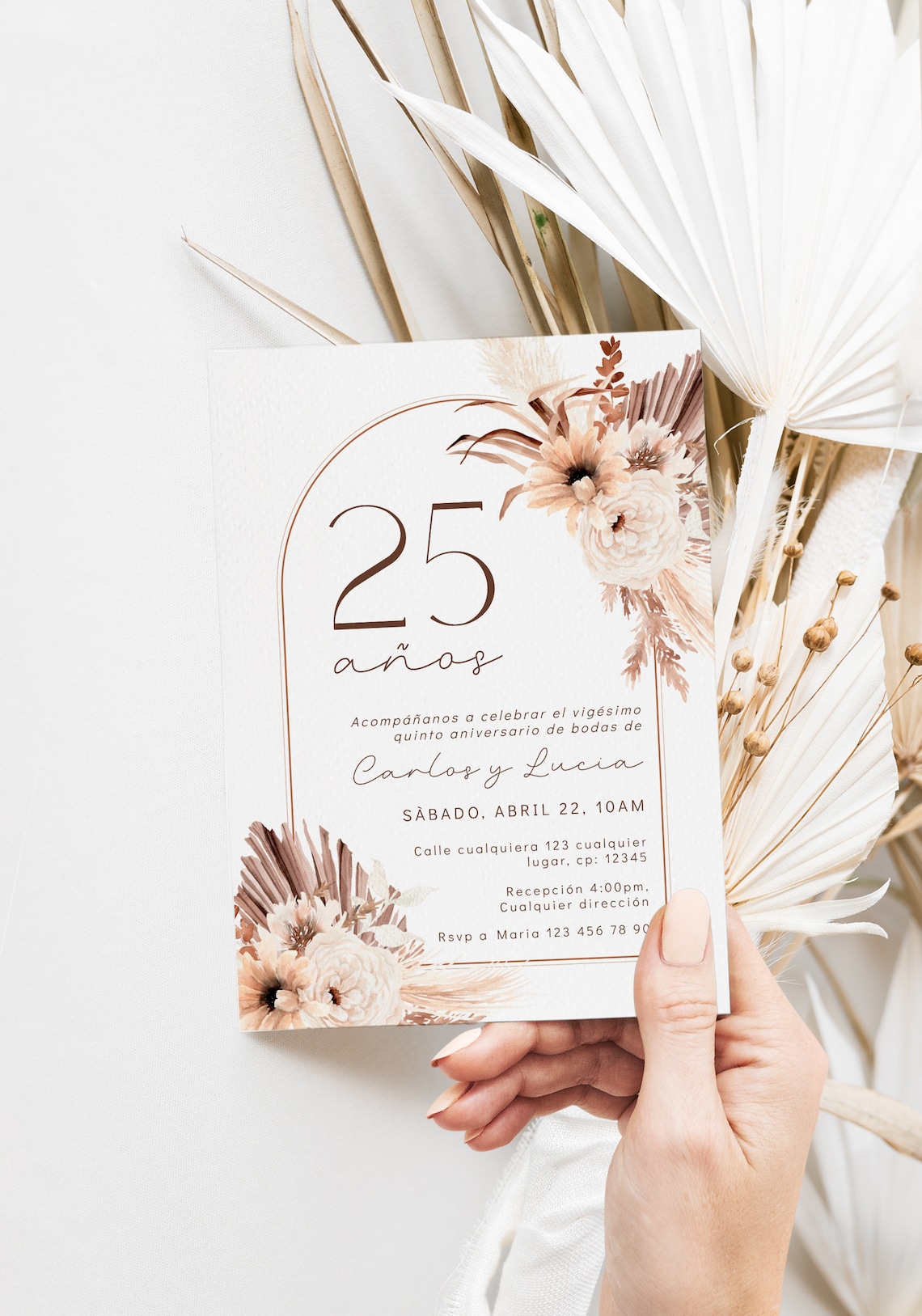 Invitación 25 Aniversario De Bodas En Español, Boho Beige Flowers