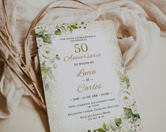 Spanish 50th wedding anniversary invitation printable, invitación 50 aniversario de bodas, green white flowers gold anniversary invite -C197