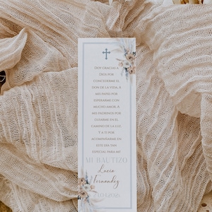 Blue beige floral baptism boy girl bookmark template in spanish, bohemian pampass grass marcapáginas baptism para niño o niña español - C31
