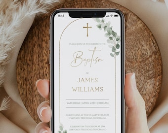 Digital eucaliptus baptism invitation template, greenery gold baptism, gender neutral baptism invite, christening smart phone invites -C036
