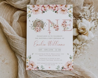 Peony flowers baptism and 1st birthday invitation, personalised christening 1st birthday invite with photo, modern decor girl invite -C179