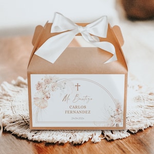 Editable gable box favor labels boho in spanish, mi bautizo christening gift box label en español, caja de decoración floral gracias - C020