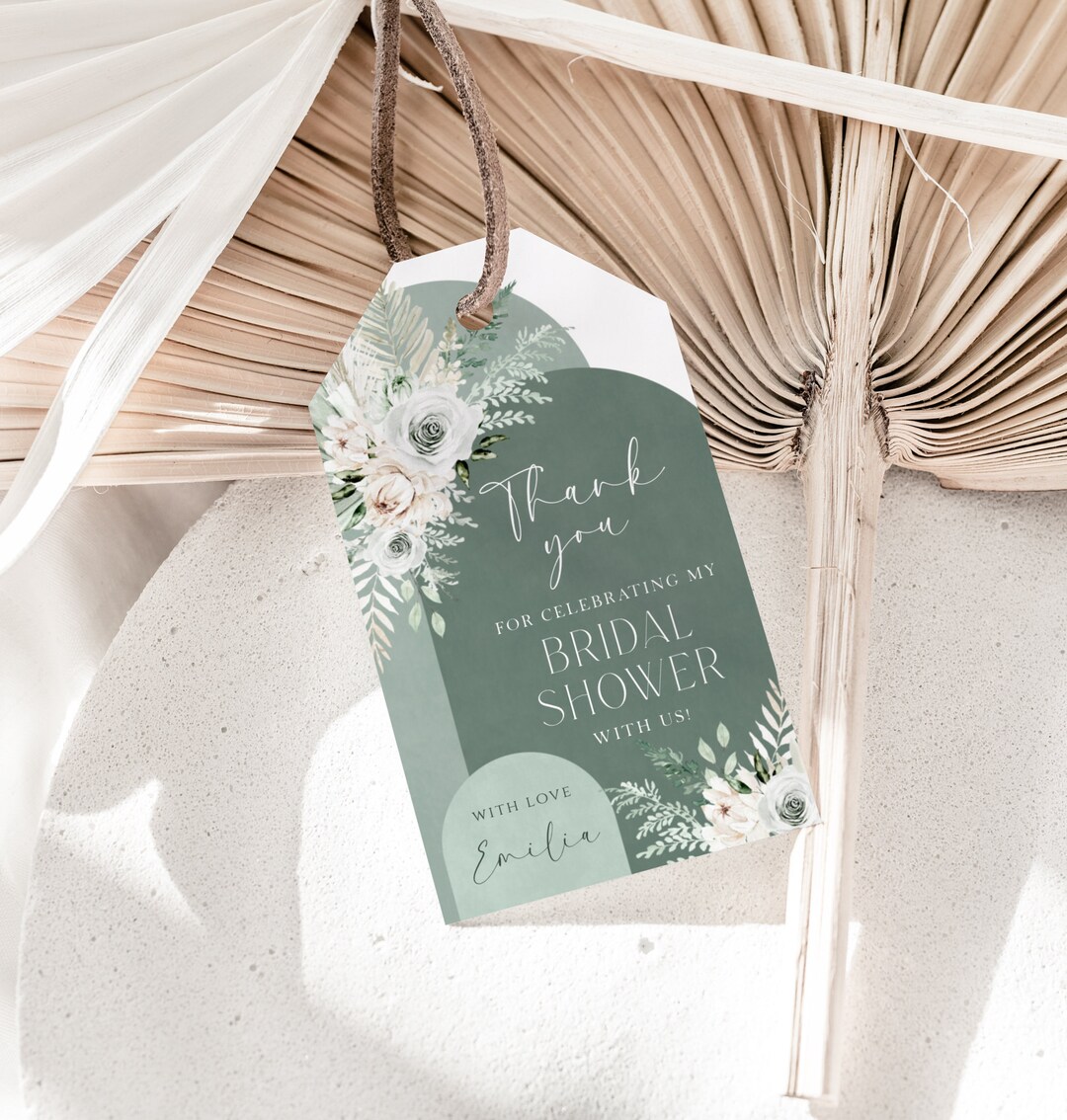 Sage Green Bridal Shower Favor Tag Template, Boho Floral Pampas Grass ...
