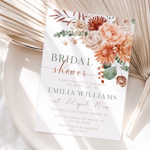 Terracotta flowers bridal shower editable invitation, fall burnt orange floral bridal shower invite, boho autumn wedding shower invite -C145