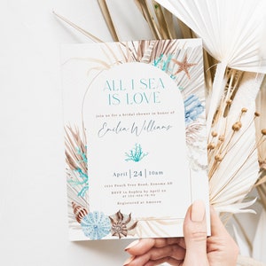 All I Sea is Love bridal shower invitation, blue ocean wedding shower invitation printable, coral and sea shells bridal shower invite - C267