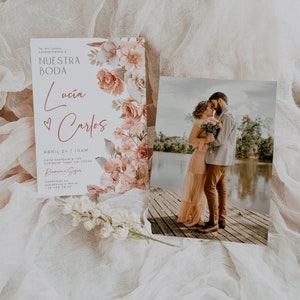 Plantilla de invitaciones para boda con flores en español, boho blush floral wedding invitation, flowers wedding invitation in spanish -C278