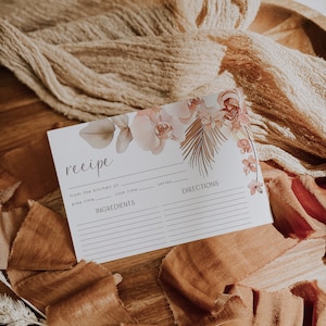Tropical flowers palm leaf shower recipe card template, boho blush exotic orchids recipe card, shower recipe insert tropical bouquets - C271
