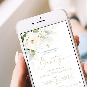 Digitale Taufe Text evites spanische goldene Dekor, elektronische Taufe evite Blumen in spanischer Sprache, invitación de bautizo Telefon español-C010